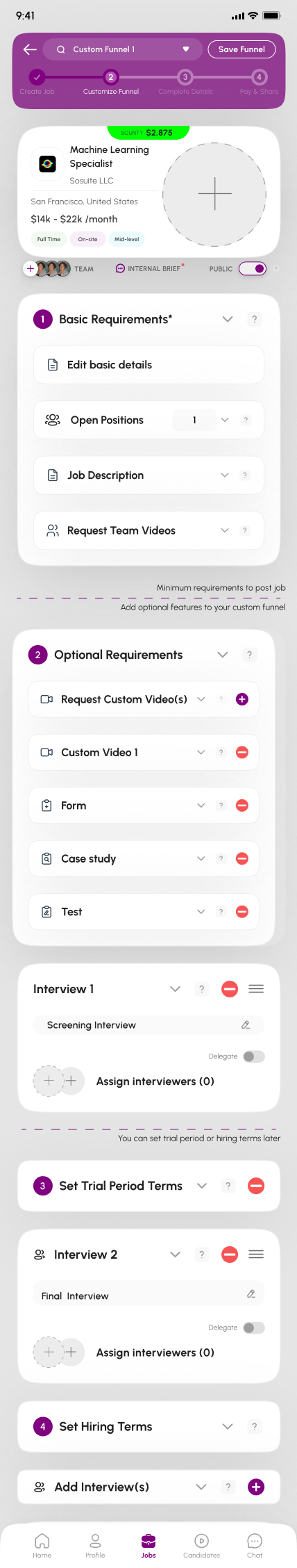 Sorcrr Customize Funnel screen showing core requirements, optional custom videos, forms, case studies, tests, interviews, and trial terms