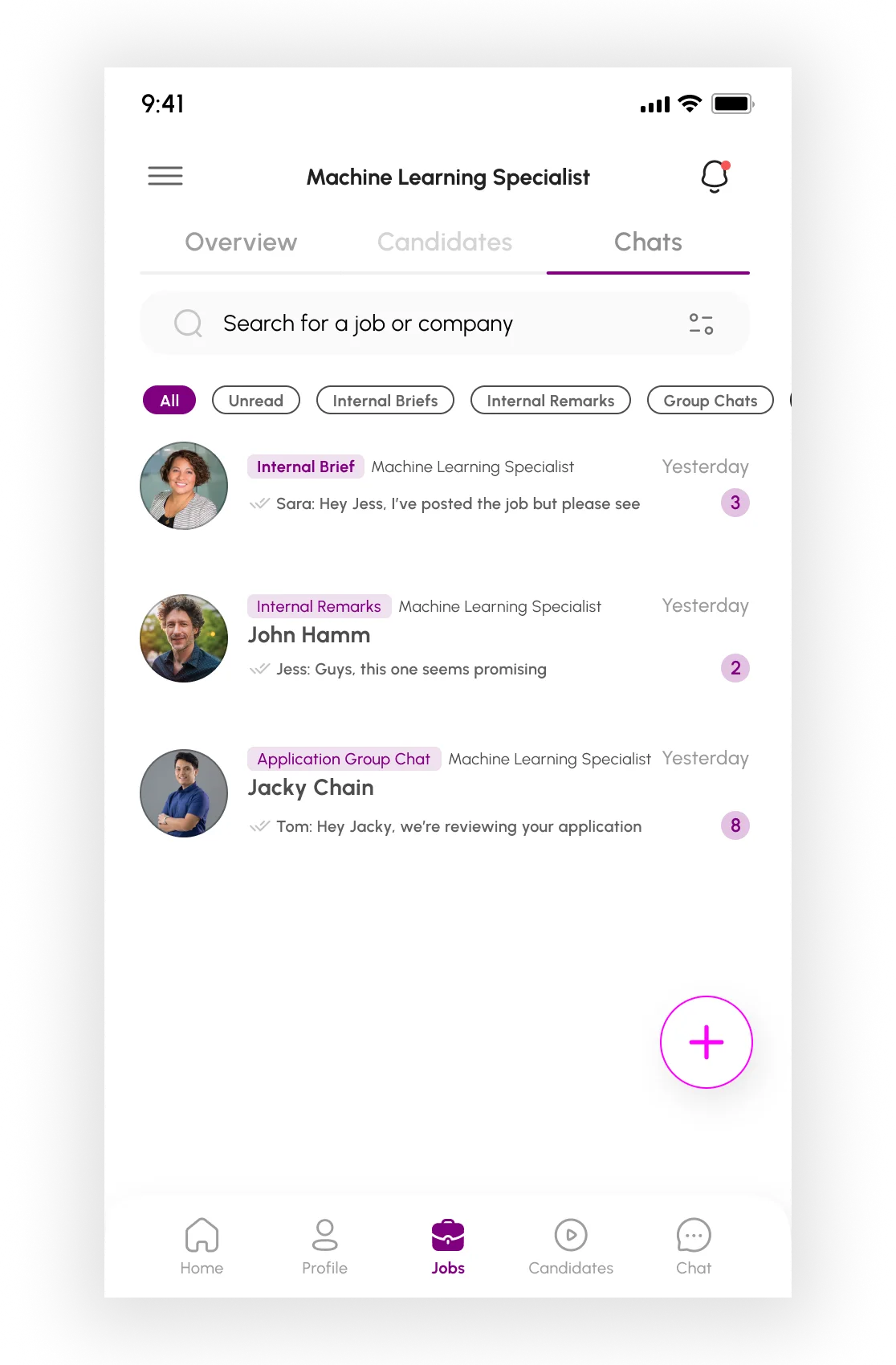 Sorcrr job chats for internal brief, interviewer remarks, and candidate group